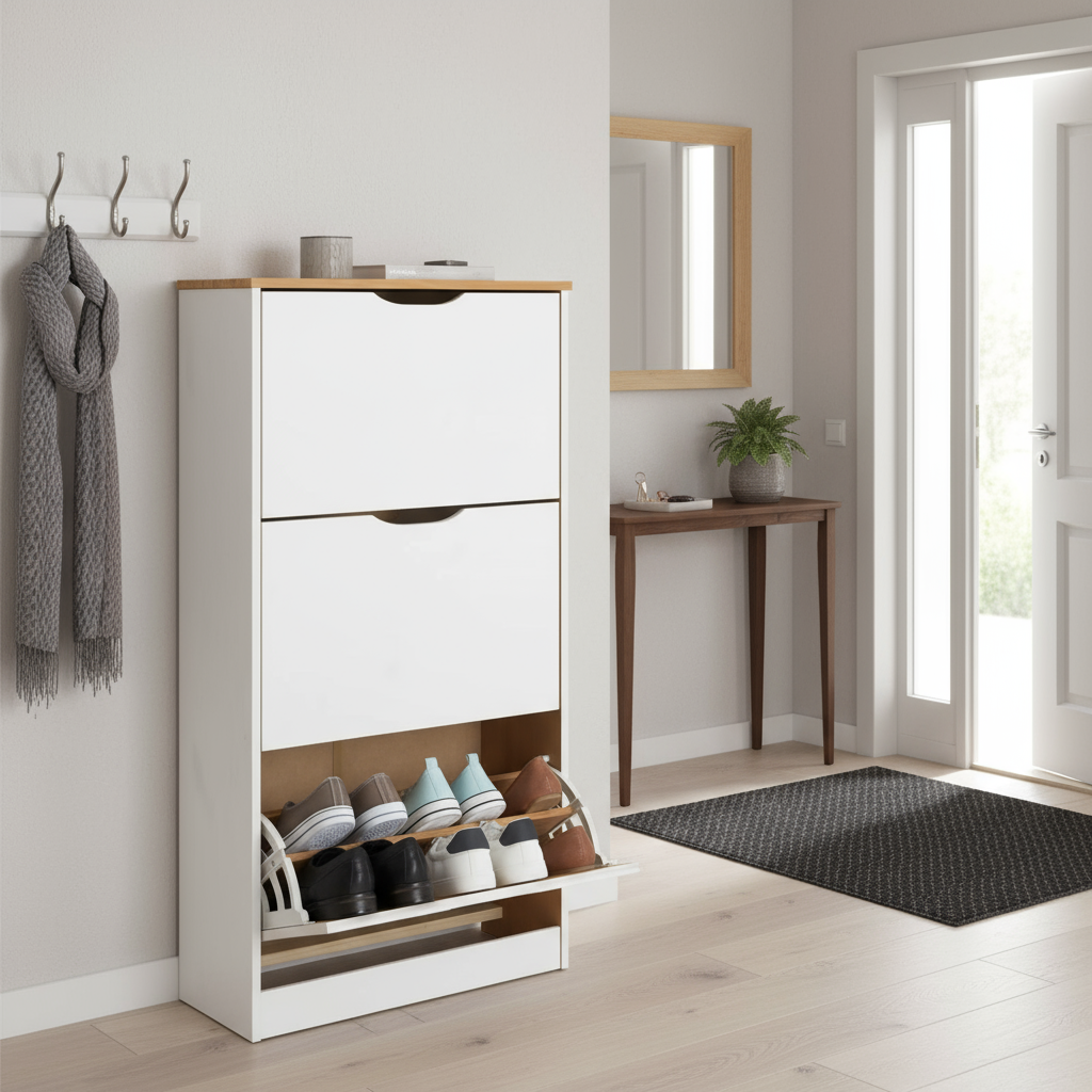 White shoe cabinet with wooden shelves containing shoes on a white background