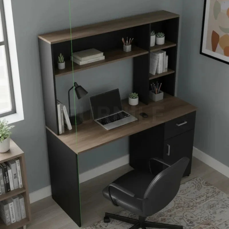 Modern desk with open shelves and drawer cabinet, dark frame and wood top.