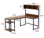 L-shaped desk with wood-effect MDF top, black metal frame, side shelves and open storage