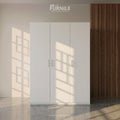 White double-door wardrobe with metal handles and full-height panel doors