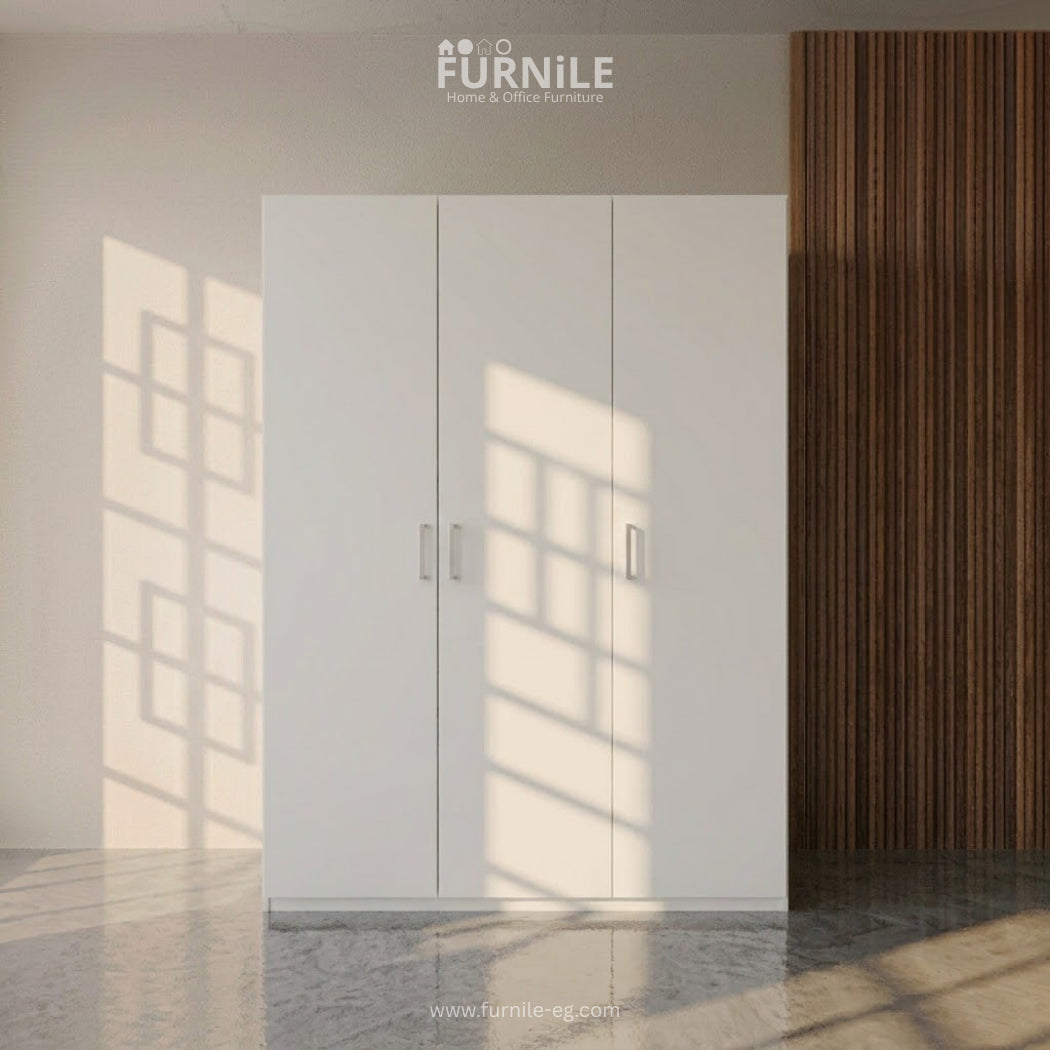 White double-door wardrobe with metal handles and full-height panel doors