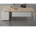 L-shaped office desk with light wood top, white base, and metal legs