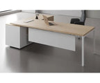 L-shaped desk with light wood surface, white side cabinet, and metal legs