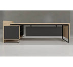 L-shape desk with dark center panel, side drawer storage, and open lower compartment