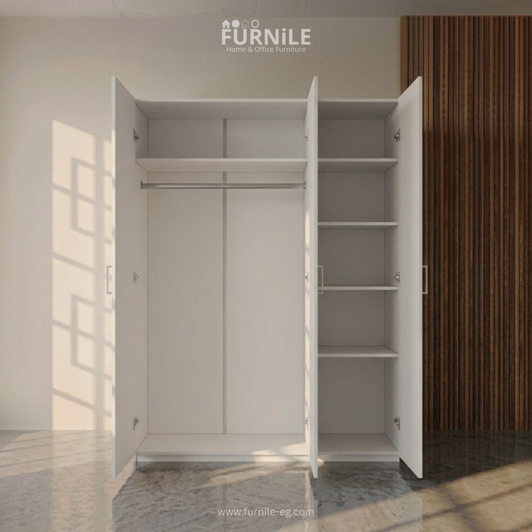 Open white wardrobe with shelves and top hanging rail, two interior compartments