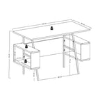 Rectangular MDF desk with side drawer cabinet and two open shelves, metal legs, 120x60 cm.