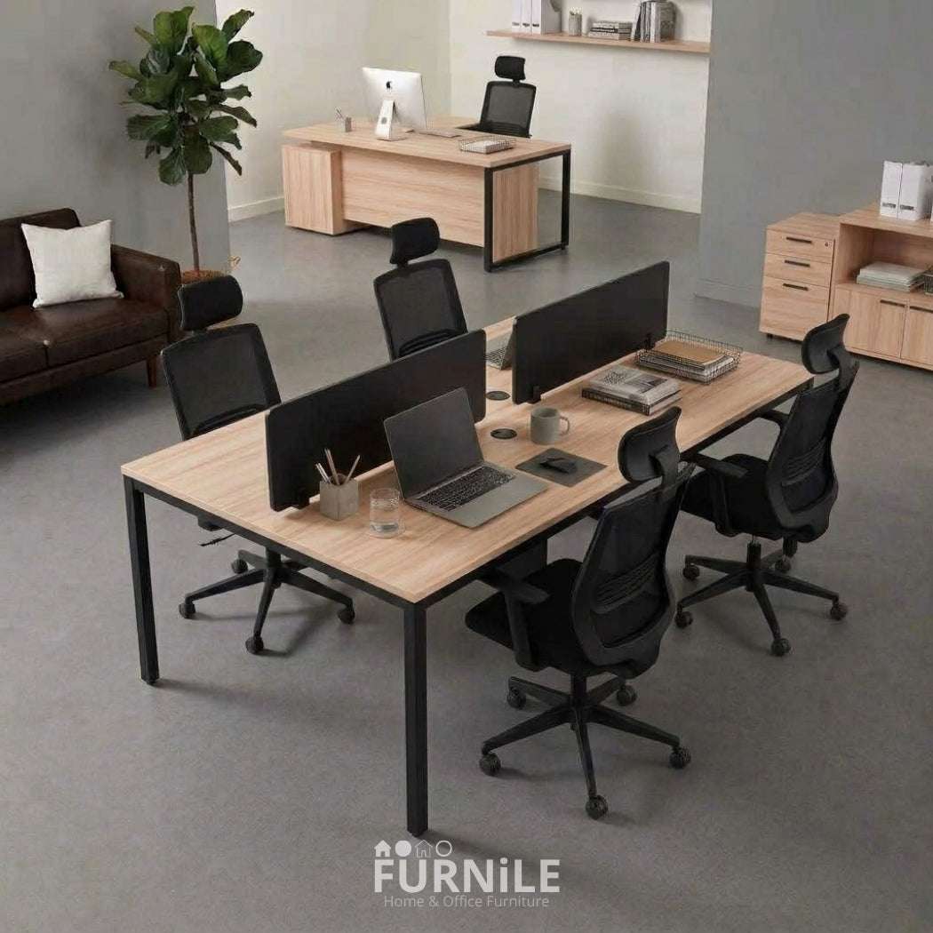 4-seat office workstation desk with warm wood MDF top and black metal frame