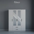 White wardrobe with two mirrored doors and two drawers at the bottom