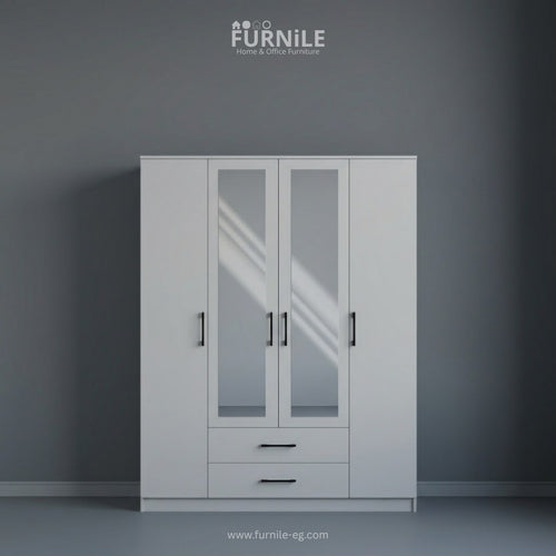 White wardrobe with two mirrored doors and two drawers at the bottom