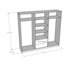 Gray wardrobe with two doors, open shelves, and cubby compartments
