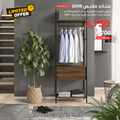 Metal clothes stand with MDF shelves and hanging rail, open front with hanging shirts