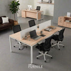 4-seat office workstation desk with light wood MDF top and white metal frame