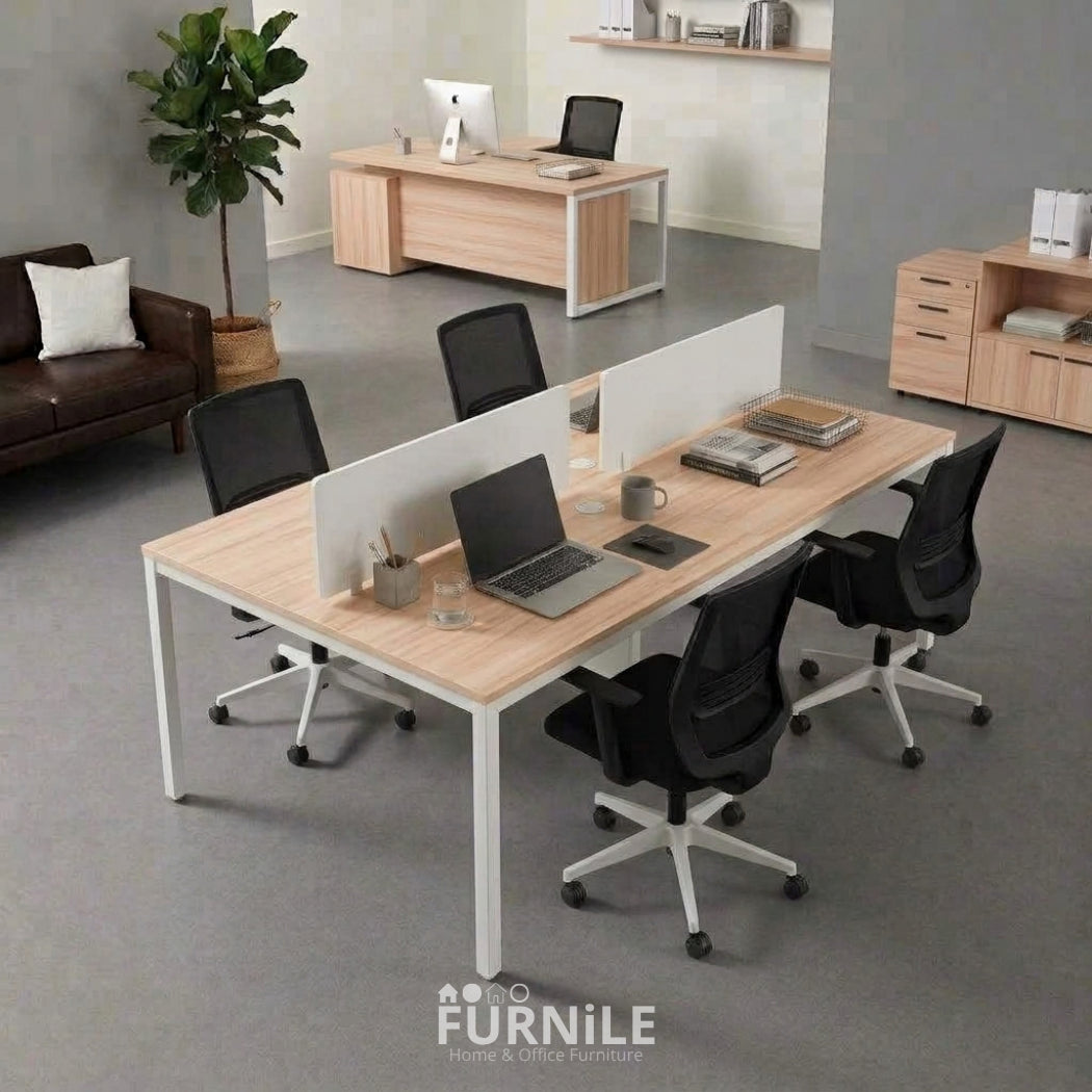 4-seat office workstation desk with light wood MDF top and white metal frame