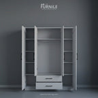 Open white wardrobe cabinet with adjustable shelves and a central hanging space