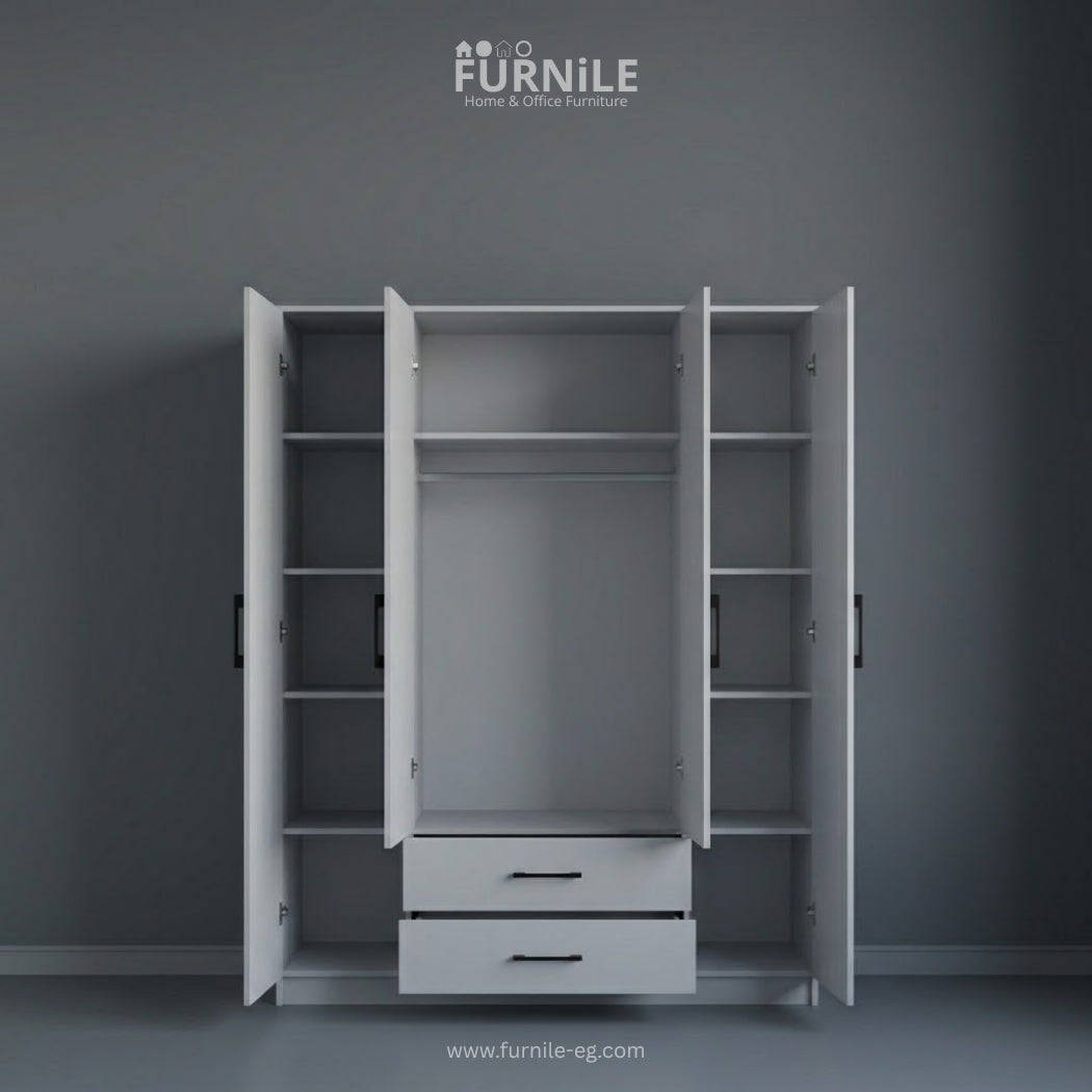Open white wardrobe cabinet with adjustable shelves and a central hanging space