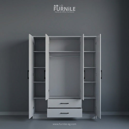 Open white wardrobe cabinet with adjustable shelves and a central hanging space