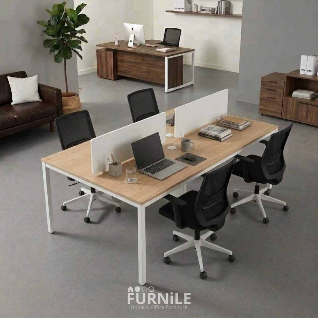 4-seat office workstation desk with light wood MDF top and black metal frame