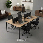 4-seat office workstation desk with dark wood MDF top and black metal frame