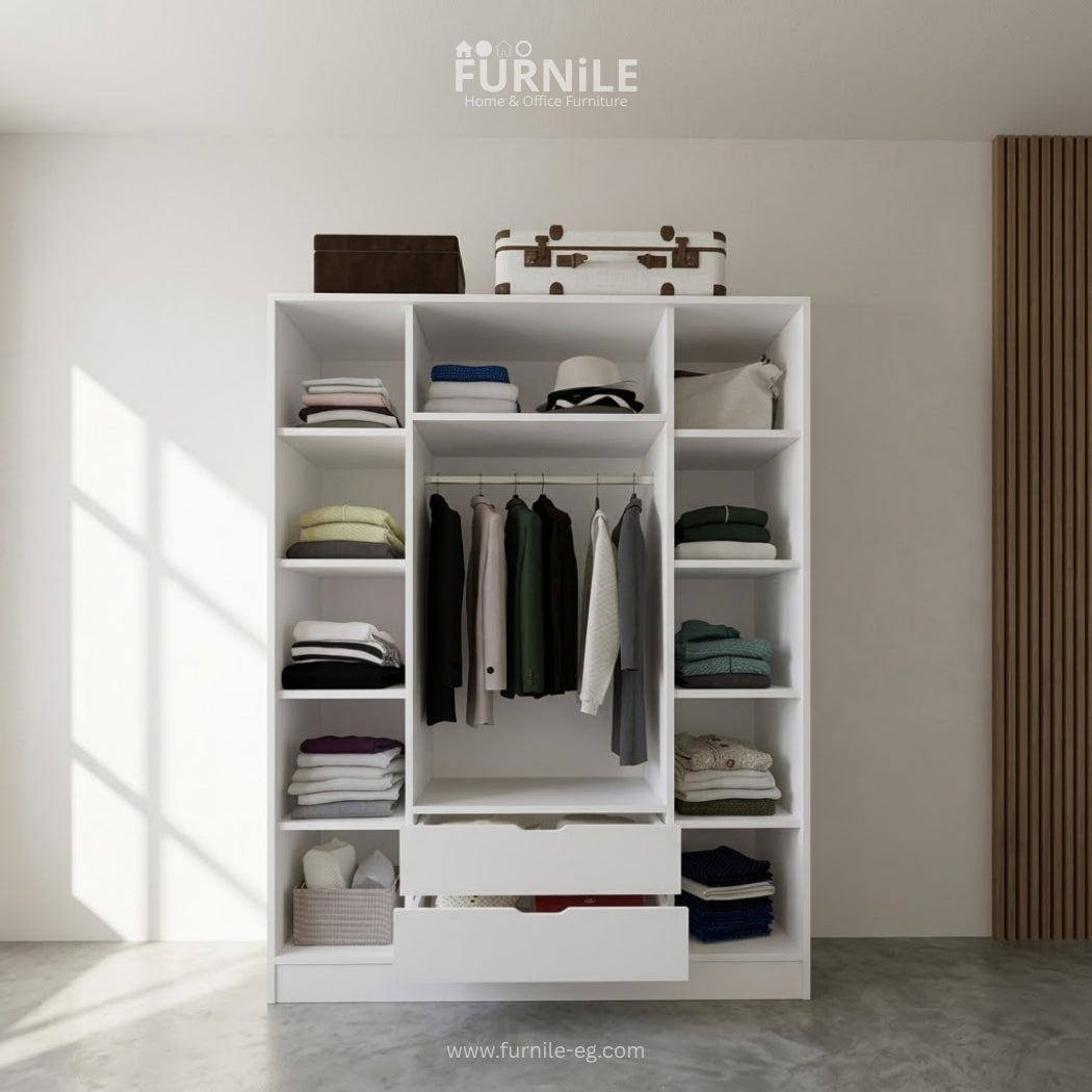 White wardrobe with open shelves and hanging space, multiple compartments for folded clothes