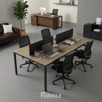 4-seat office workstation desk with dark wood MDF top and black metal frame