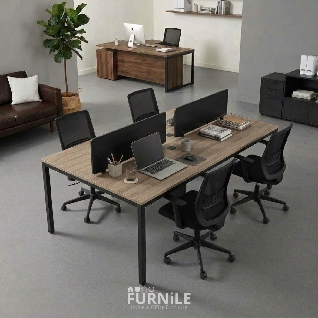 4-seat office workstation desk with dark wood MDF top and black metal frame