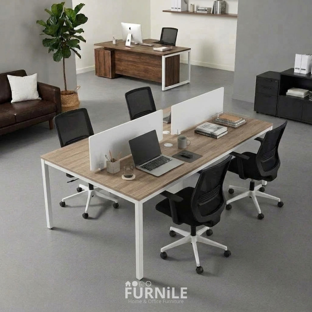 4-seat office workstation desk with light wood MDF top and white metal frame