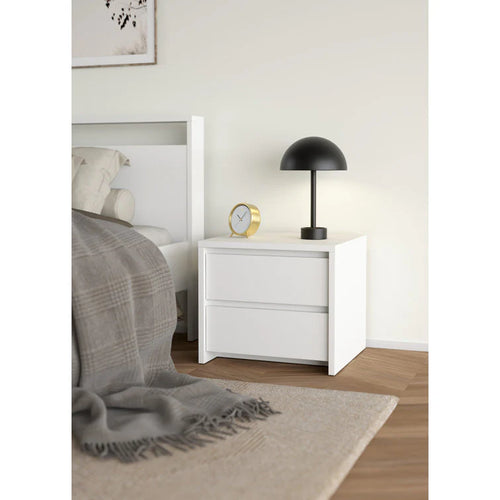 White two-drawer MDF commode with flat top and recessed drawer pulls