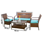 Rattan patio seating set with teal cushions, loveseat and two chairs, coffee table