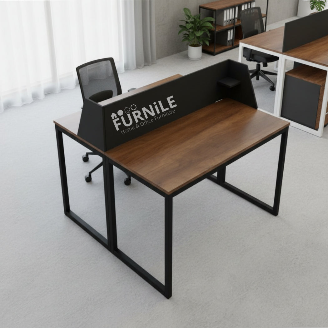 Two-seat workstation desk with walnut-style MDF top and black metal frame, 120x120 cm