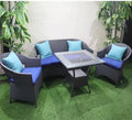 4-piece outdoor seating set with black wicker chairs and blue cushions, plus glass table