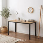 Rectangular desk with light wood top and black metal legs, open cabinet front.
