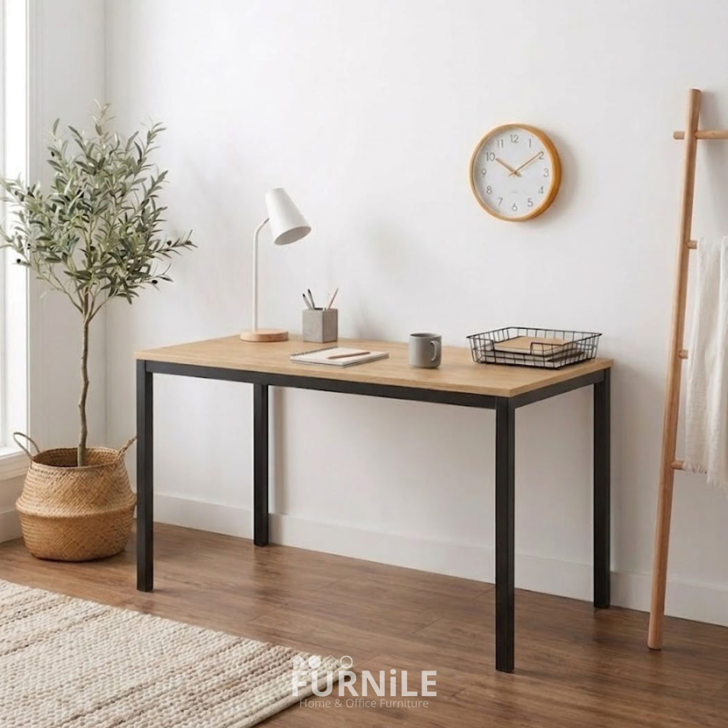 Rectangular desk with light wood top and black metal legs, open cabinet front.