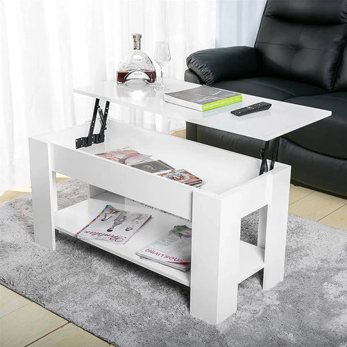 White MDF coffee table with open lower shelf and magazine storage, rectangular frame