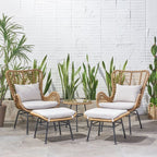 Outdoor wicker patio seating set with four cushioned chairs and round side table