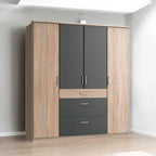 Wooden wardrobe cabinet with two dark doors and two drawers, silver handles.