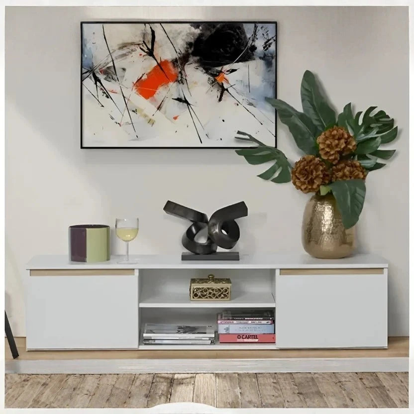 Modern white MDF TV unit with open center shelves and two cabinet doors