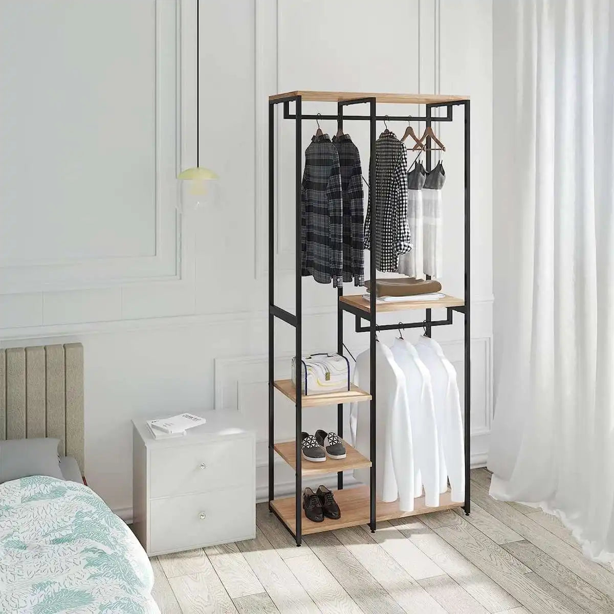 H10 Metal Clothes Hanger – Metal Frame, MDF Shelves, 90x40x204cm