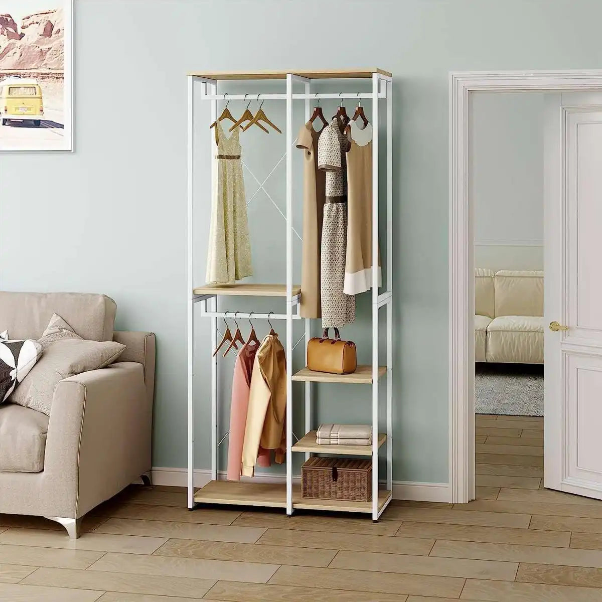 H10 Metal Clothes Hanger – Metal Frame, MDF Shelves, 90x40x204cm