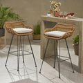 Set of 2 rattan bar chairs with white cushions and black metal legs