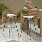 Set of 2 rattan bar chairs with white cushions and black metal legs