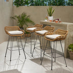 Set of 4 rattan bar chairs with white cushions and black metal legs