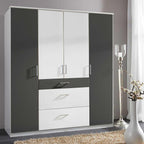 Two-tone wardrobe cabinet with white drawers and dark gray doors, center shelf