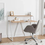 Metal desk with light wood MDF top and white frame, angled view, 105x60 cm.