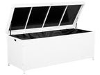 White woven poly rattan storage box with hinged lid and black interior liner