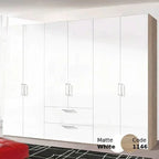 White wardrobe with vertical panel doors, metal bar handles, and two pull-out drawers