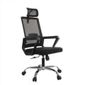 Black office manager chair, gray mesh seat and back, height adjustable, caster wheels