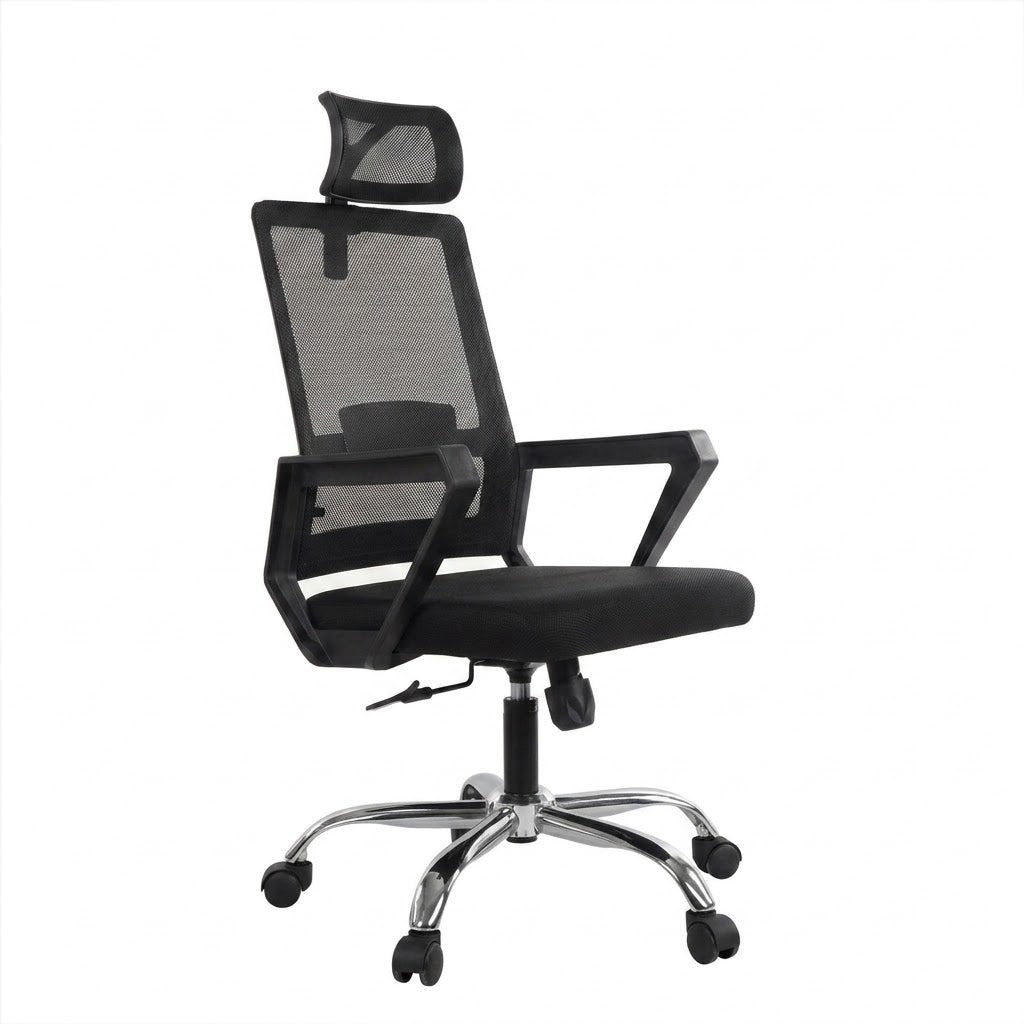 Black office manager chair, gray mesh seat and back, height adjustable, caster wheels
