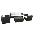 Outdoor 4-piece wicker set with white cushions: loveseat, 2 chairs, glass coffee table