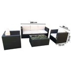 4-piece outdoor seating set: loveseat, two chairs, glass-top table with size diagram