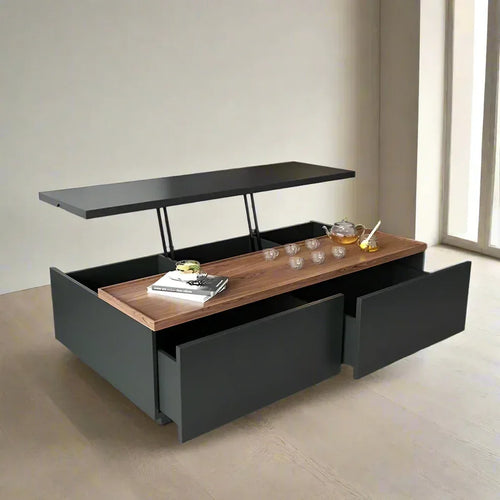 Lift-top coffee table with dark MDF frame and wood storage drawer, square profile